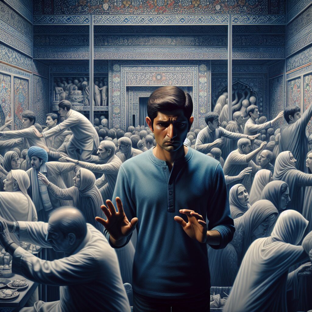 مدیریت ترس از قضاوت در فرهنگ ایرانی تصویری از فردی در یک محیط شلوغ که به نظر نگران است و به اطرافیان خود مینگرد
