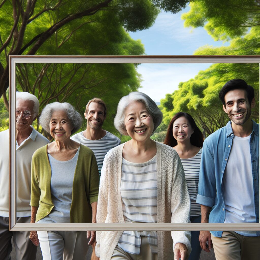 سلامت روان پس از بازنشستگی تصویری از فردی مسن که با دوستان خود در حال پیادهروی در طبیعت است، نشاندهنده پشتیبانی اجتماعی و فعالیتهای بدنی.