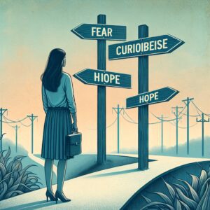 تصویری از یک فرد که در دوراهی انتخاب مسیر است، با راههایی که به نشانگرهایی از ترس و امید اشار دارند.