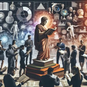 تصویر مفهومی از یک فرد که به نمودارها و کتابهای تاریخی نگاه میکند، نمادی از توجیه عقلانی.