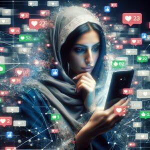 تصویری از فردی که تلفن همراه در دست دارد، در حال مشاهده شبکههای اجتماعی با تصویر بزرگ از چهره خود بر صفحه نمایش.