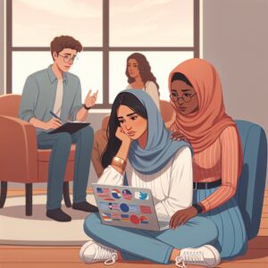 تصویری از فردی در حال مقایسه خود با دیگران در شبکه‌های اجتماعی به همراه تصاویری از حمایت اجتماعی، روان‌درمانی و گروه‌های حمایتی