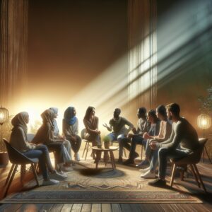 تصویری از یک گروه از افراد در حال گفتگو در فضایی آرام و حمایتگر، نمادی از بازسازی اعتماد.