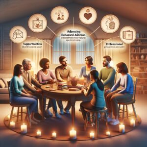 تصویری از خانوادهای که در حال تعامل و گفتگوی سالم هستند، با فضاهایی برای آموزش و حمایت.