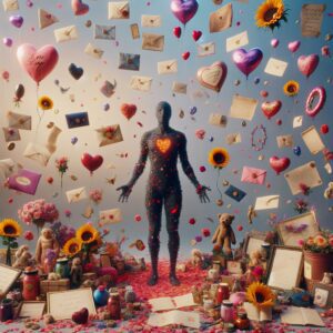 تصویری از فردی که با هدایا و پیامهای عاشقانه از سوی شخص دیگری احاطه شده است، نشان دهنده بمباران عشق