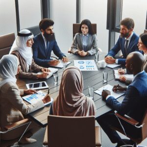 تصویری از یک میز کنفرانس با افراد مختلف که در حال تعامل و گفتگو با هم هستند. تصاویر شامل یادداشتها و ابزارهایی برای گفتگو میشود.