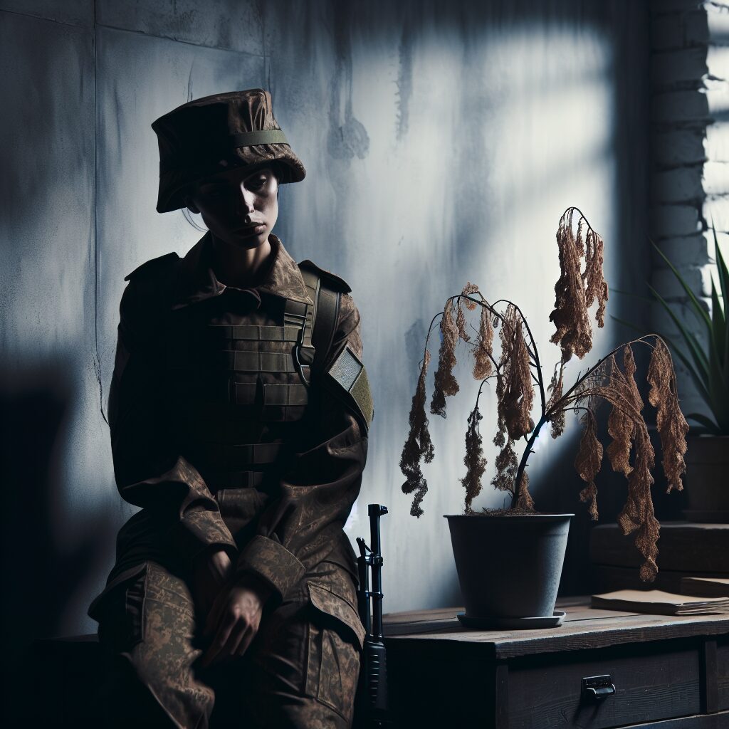 نقش هنر و جامعه در کاهش احساس انزوا در جنگ تصویری از یک فرد در لباس خاکی نشسته در اتاق تاریک با نور ضعیف و گیاهان پژمرده