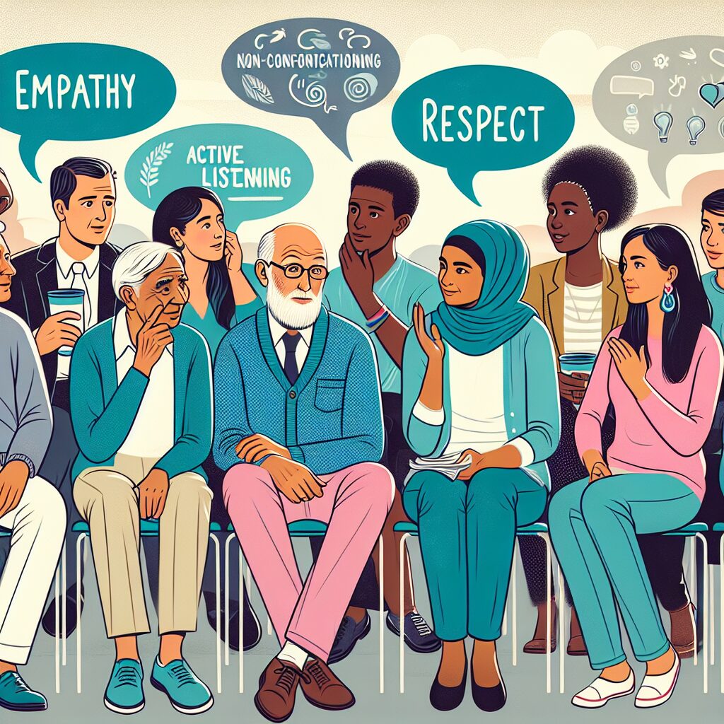 راهکارهای موثر در پاسخ به سوالات حساس در مورد جنگ Image of a group of diverse people engaging in a respectful conversation, with speech bubbles depicting non-confrontational and empathetic language in Persian.