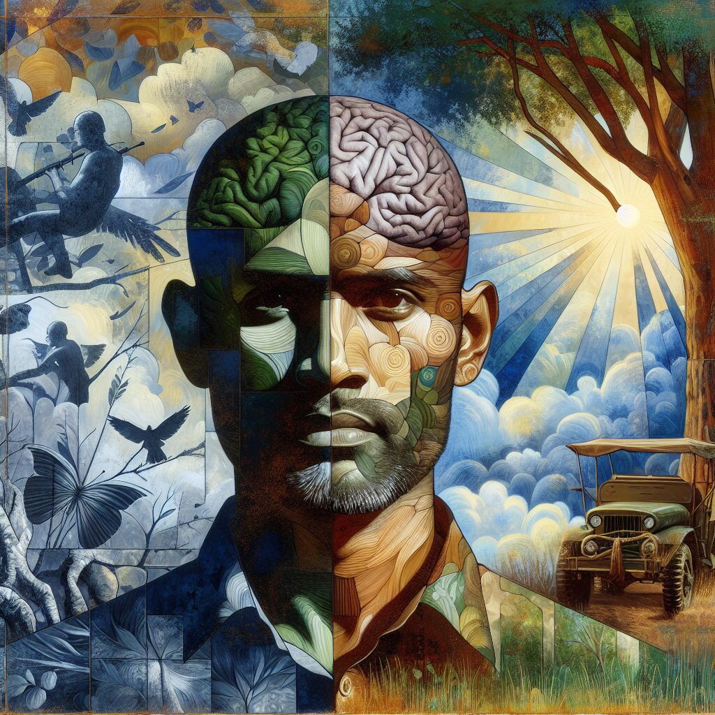 تجربیات و داستانهای واقعی از مقاومت روانی در جنگ تصویری از مقاومت روانی شامل یک فرد با چهرهای مصمم و آرام در پسزمینهای از جنگ همراه با جزئیات طبیعت و نمادی از روحیه قوی.