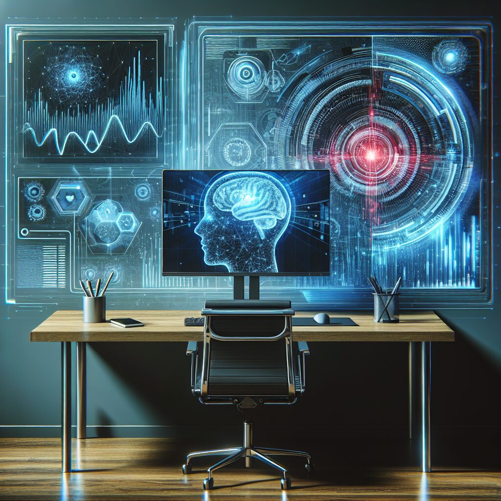 آینده روشن آزمونهای روانشناسی آنلاین تصویری از یک صفحه نمایش روی میز که آزمون روانشناسی آنلاین را نشان میدهد و در زمینه تکنولوژی پیشرفته و هوش مصنوعی توصیف شده است.