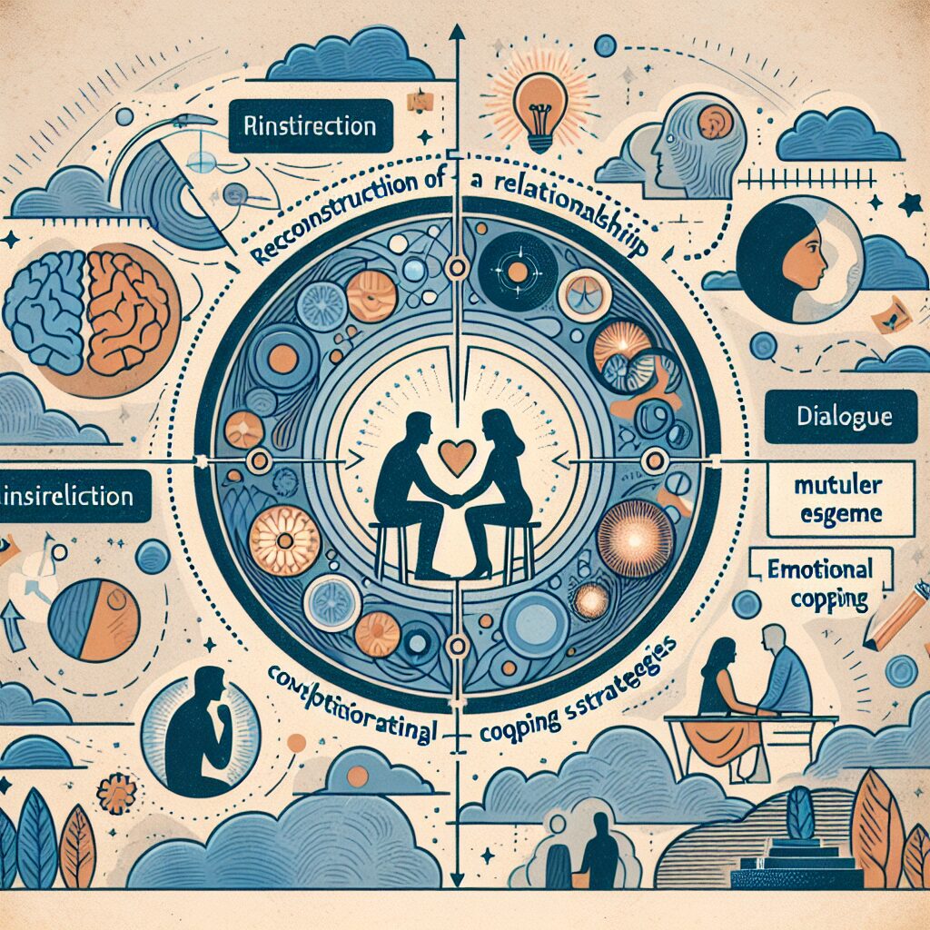 A variety of visual representations of reconnecting after a break, including timelines, key concepts, and emotional coping mechanisms.