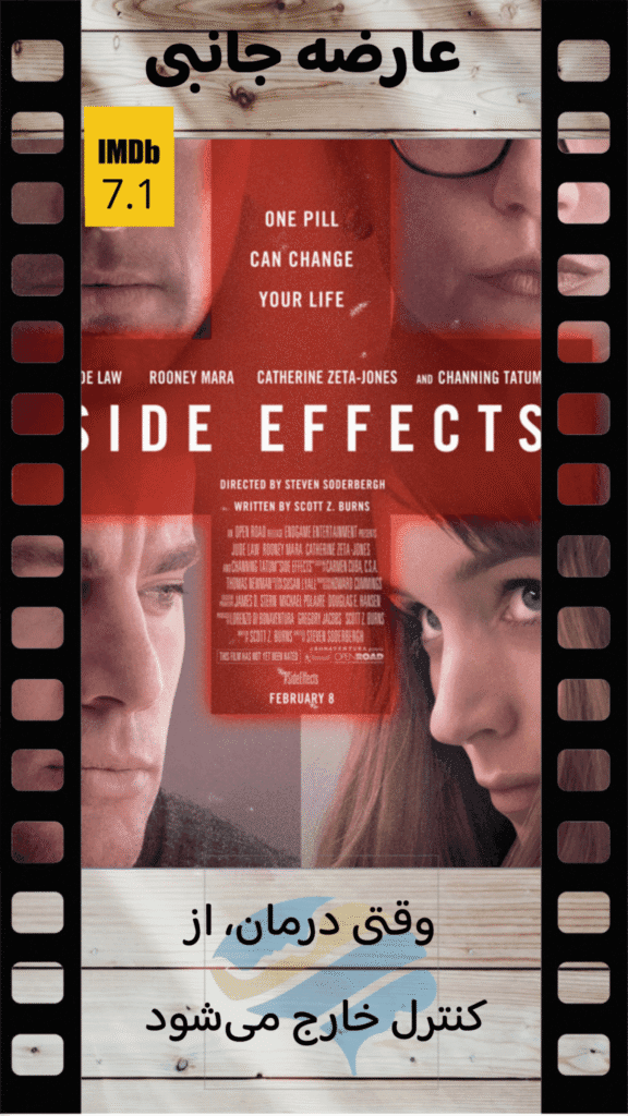 پوستر فیلم Side Effects با نمای نزدیک از بازیگران اصلی، امتیاز IMDb 7.1 و دعوتنامه برای تحلیل روانشناختی عارضه جانبی.