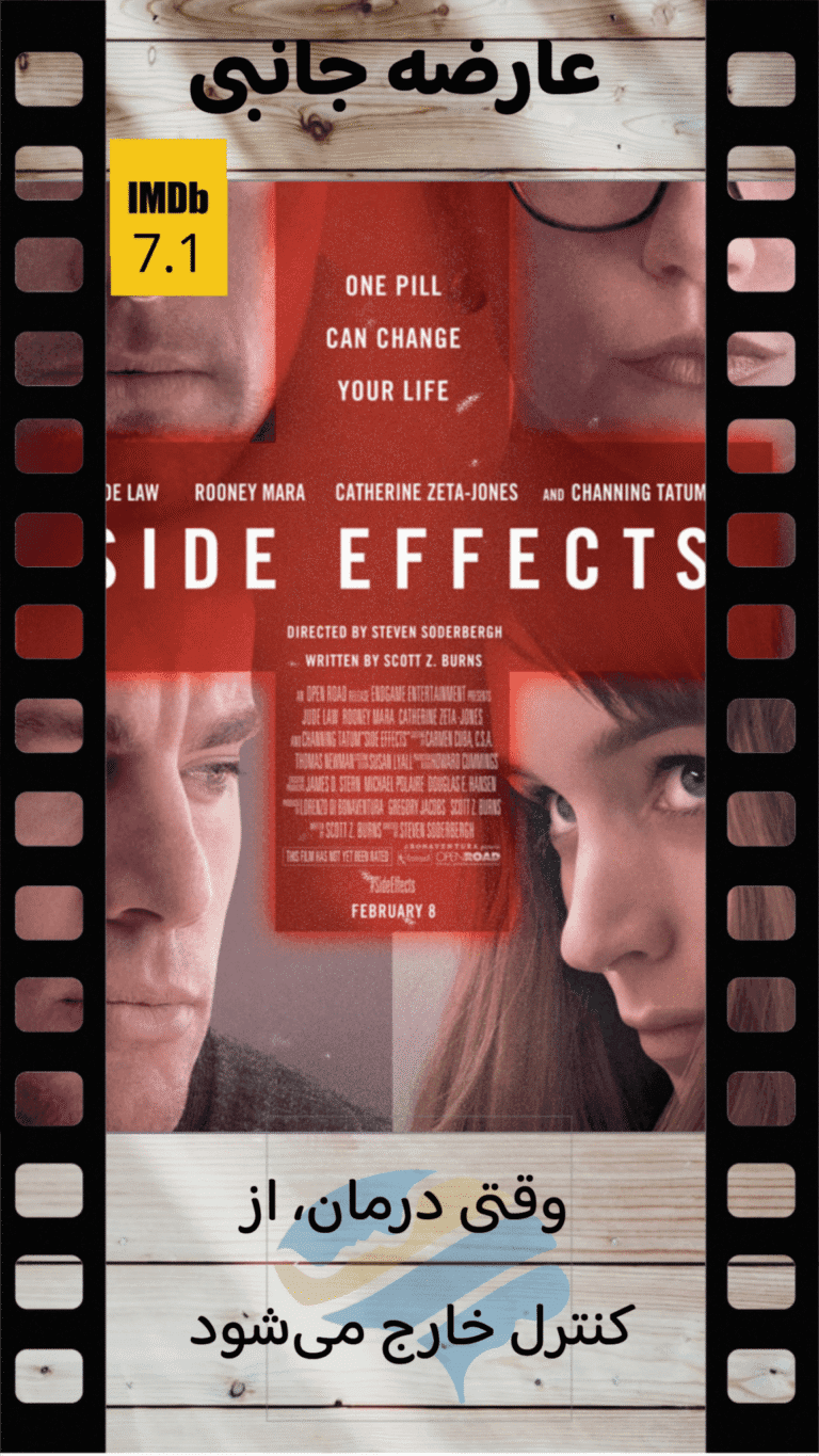 پوستر فیلم Side Effects با نمای نزدیک از بازیگران اصلی، امتیاز IMDb 7.1 و دعوتنامه برای تحلیل روانشناختی عارضه جانبی.