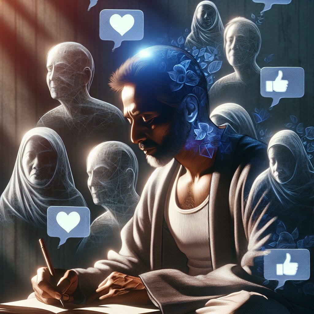 تصویری از فردی که بر روی یک دفترچه یادداشت می‌نویسد و در حال انجام تمرینات ذهن‌آگاهی است، با تصاویر خانواده و شبکه‌های اجتماعی در پس‌زمینه.