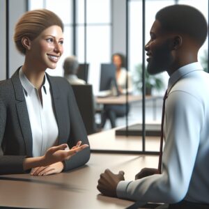 تصویری از دو نفر در حال صحبت که یکی از آنها حرکات و لحن دیگری را منعکس می‌کند.