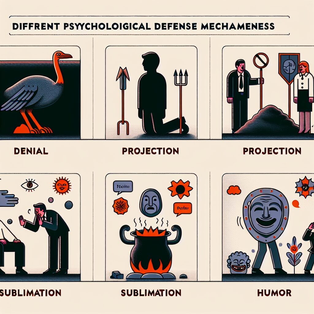 تصویری که مکانیزم‌های دفاعی روانشناختی مختلف را از طریق نمادها و نمودارها توضیح می‌دهد.