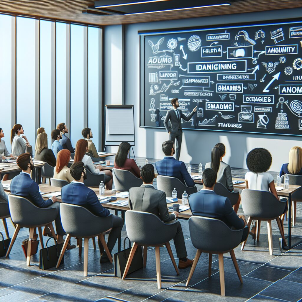 افرادی که به یک سخنرانی درباره زبان مبهم و کلاهبرداری گوش می‌دهند.