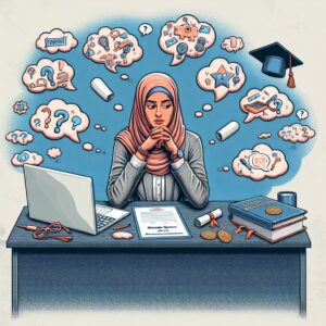 تصویری از فردی در حال تفکر عمیق با نمادهایی از احساسات گیجی و استرس، مانند علامت‌های سوال و ابرهای فکری.