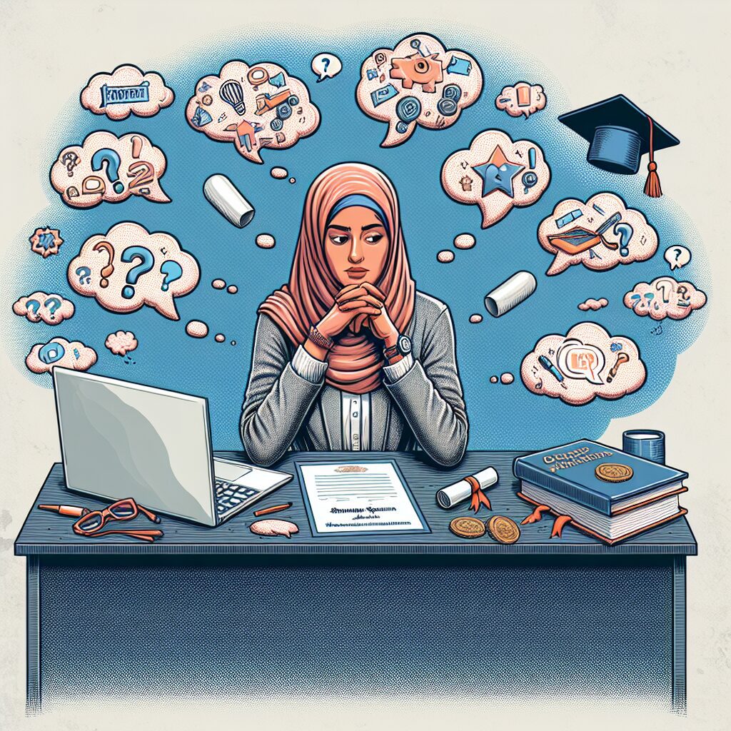 تصویری از فردی در حال تفکر عمیق با نمادهایی از احساسات گیجی و استرس، مانند علامت‌های سوال و ابرهای فکری.