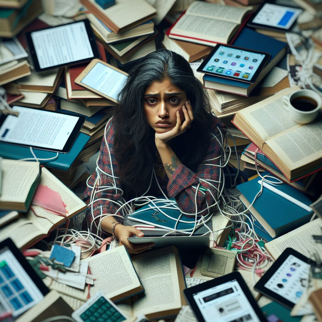 تصویری از فردی که با انبوهی از کتاب‌ها و فناوری‌های دیجیتال احاطه شده، در حالت تأمل و فکر کردن عمیق.