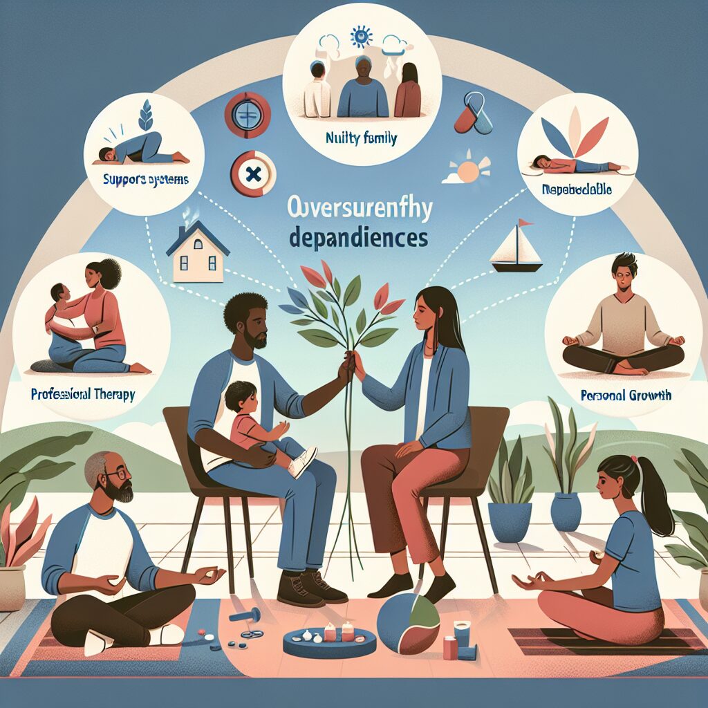 تصویری از روش های مختلف برای کاهش وابستگی ناسالم مانند تعامل خانوادگی، مشاوره و تقویت استقلال