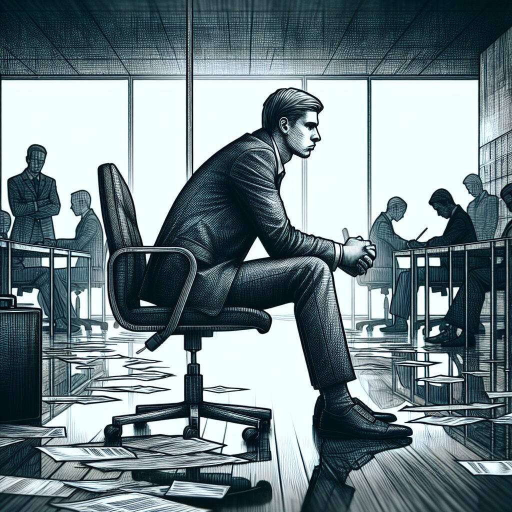 تصویری از یک فرد نشسته بر روی صندلی، با حالت چهره‌ای نگران در یک دفتر کار خالی که نشان‌دهنده ترس از بیکاری است.