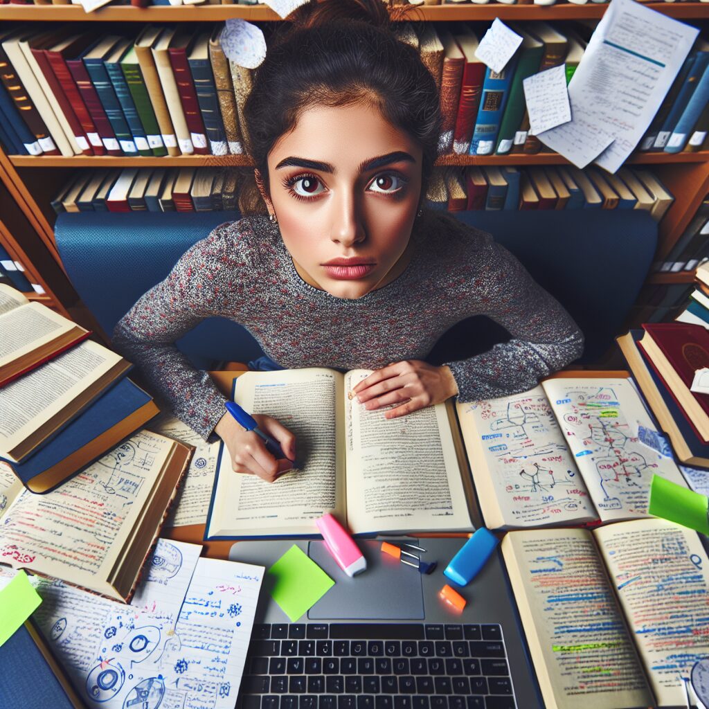 تصویری از یک فرد جوان در حال مطالعه با انبوهی از کتاب‌ها و سرفصل‌های متنوع.