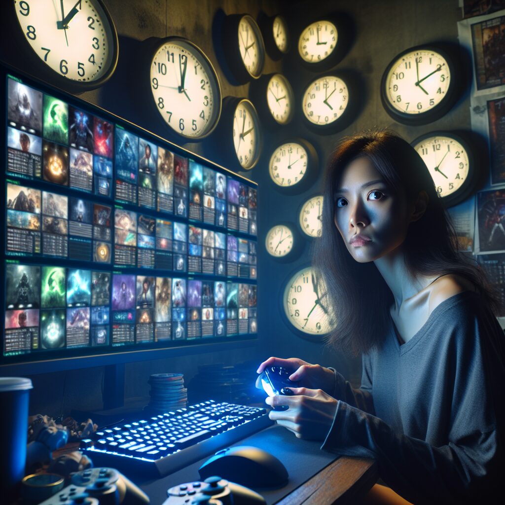 نمایش فردی نشسته در مقابل صفحه نمایش کامپیوتر با ساعت های متعدد در کنار و گیم پد در دستانش