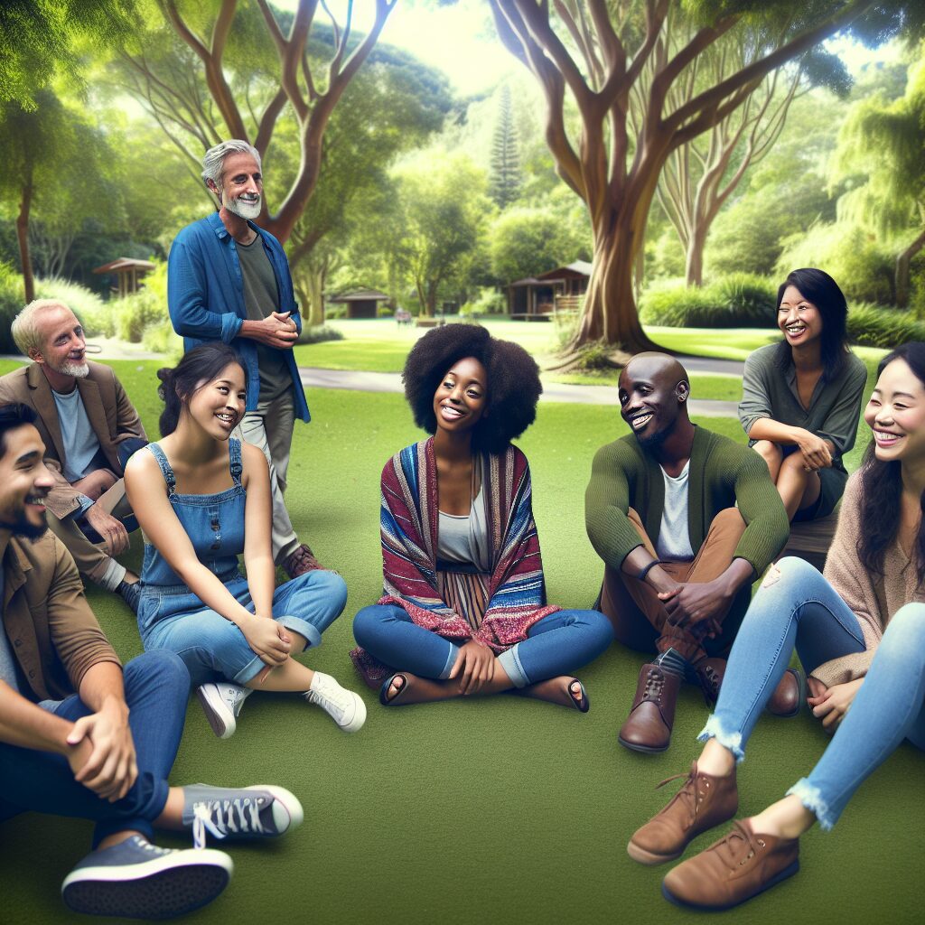 Illustration of a person finding support through communication and self-awareness, engaging with others in a serene park setting.