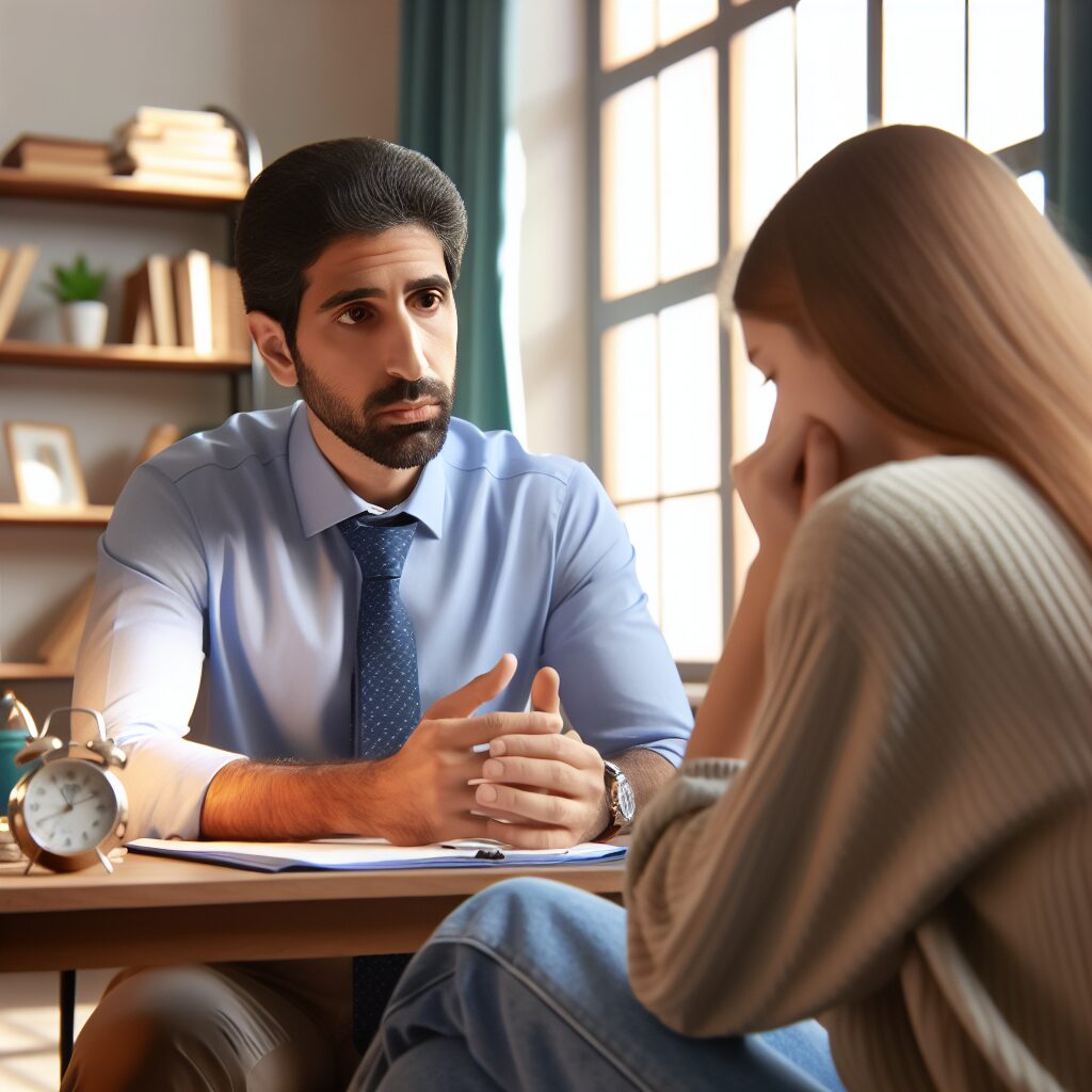 تصویری از یک مشاور در حال ارائه مشاوره به دانش‌آموزی در مدرسه