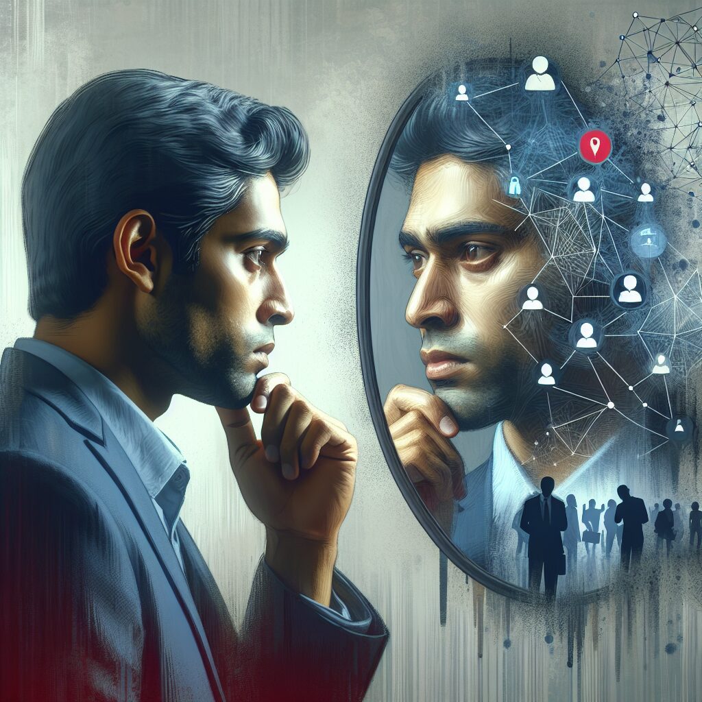 تصویر یک فرد که تحت فشار اضطراب تایید قرار دارد، در حالی که به آینه نگاه می‌کند و نگرانی در چهره او مشهود است