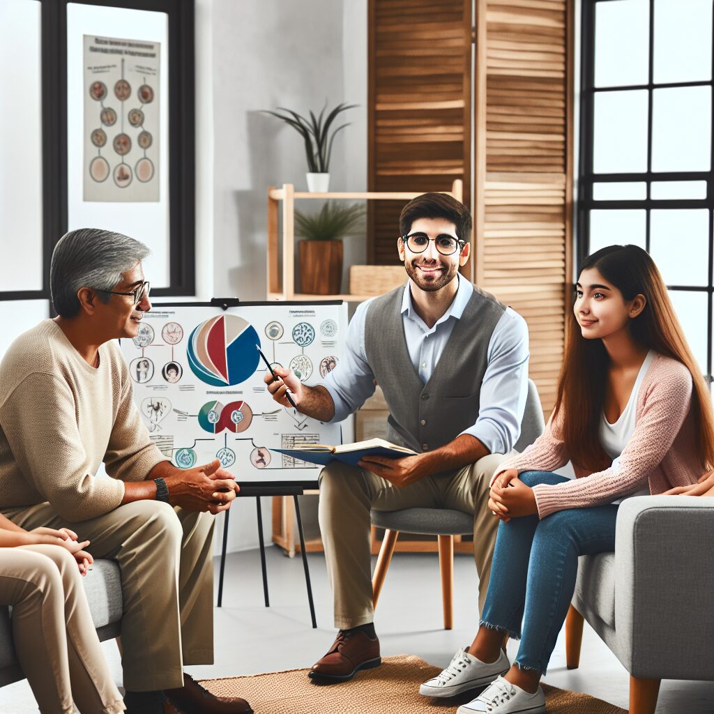 تصویری از یک جلسه مشاوره که در آن درمانگر با فرد و خانواده او درباره وابستگی ناسالم صحبت می‌کند