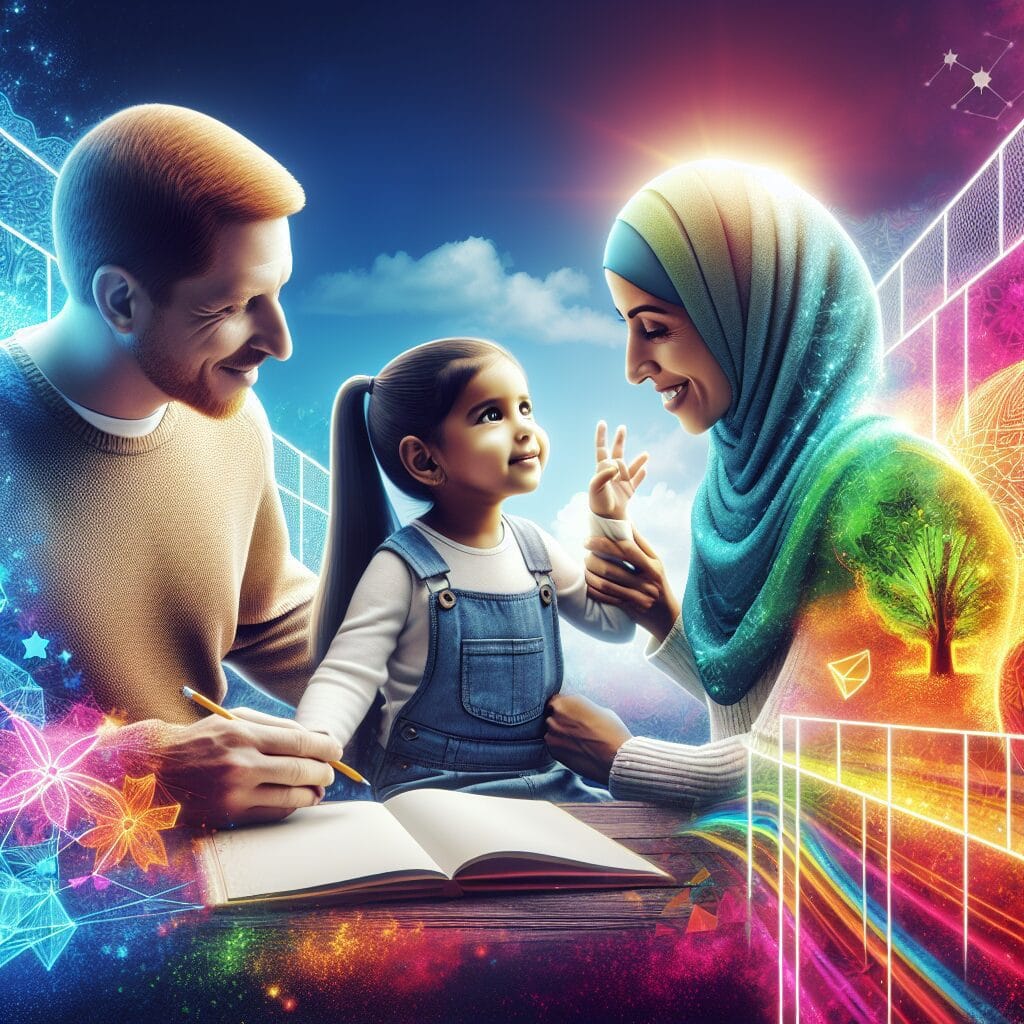 تصویری از یک کودک و والدینش که با آرامش در محیطی امن و پر از رنگ‌های شاد در حال تعامل هستند، نشان‌دهنده اهمیت مرزگذاری تربیتی است.