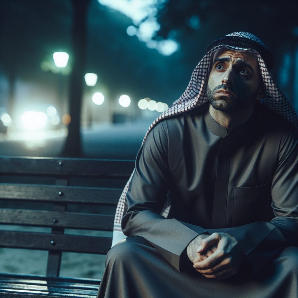 تصویری از یک فرد تنها در یک پارک تاریک که به آسمان خیره شده است و احساس ترس می‌کند.