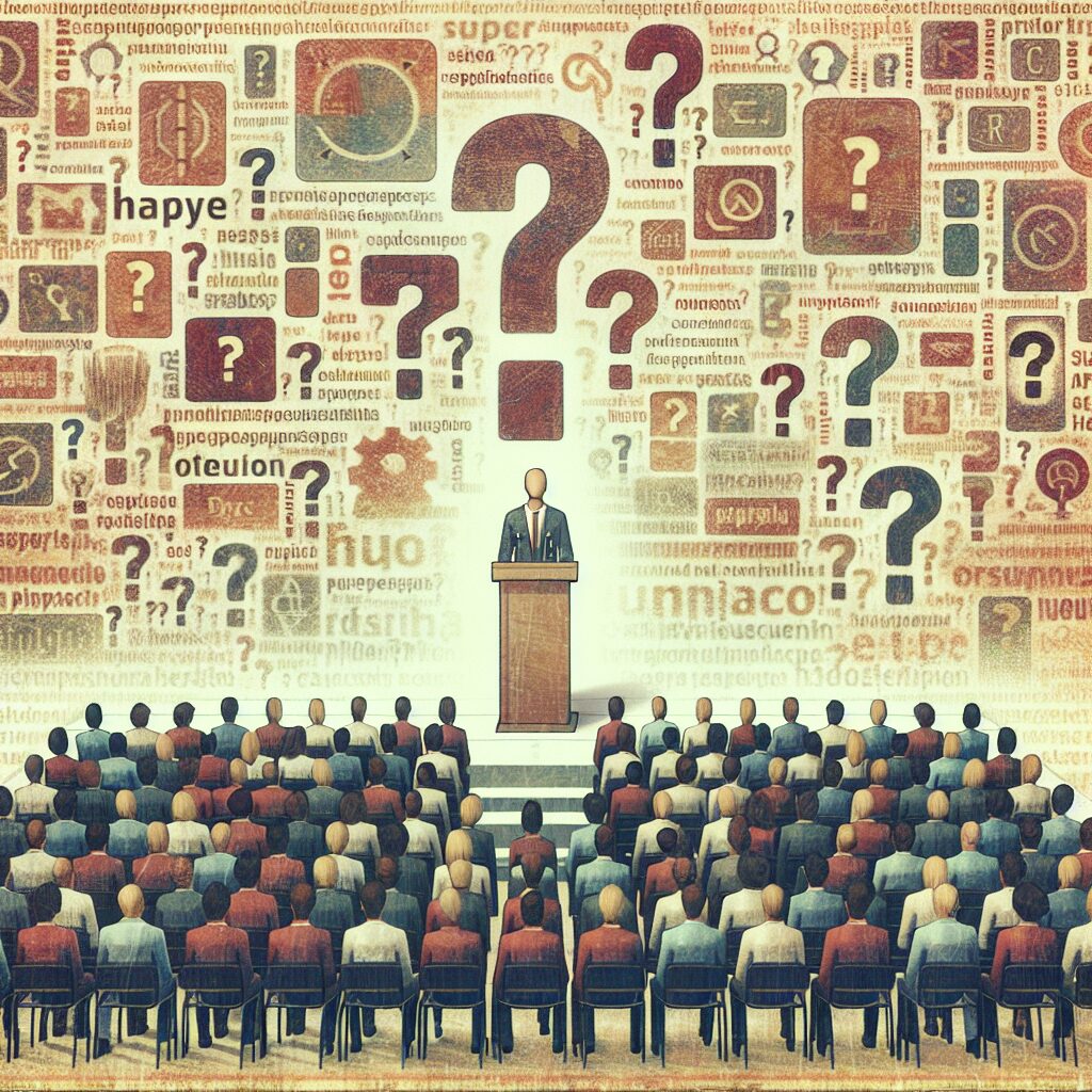 تصویری از فردی در حال سخنرانی با زبان مبهم و تار در پس‌زمینه، با عناصر انتزاعی که عدم قطعیت را نشان می‌دهند