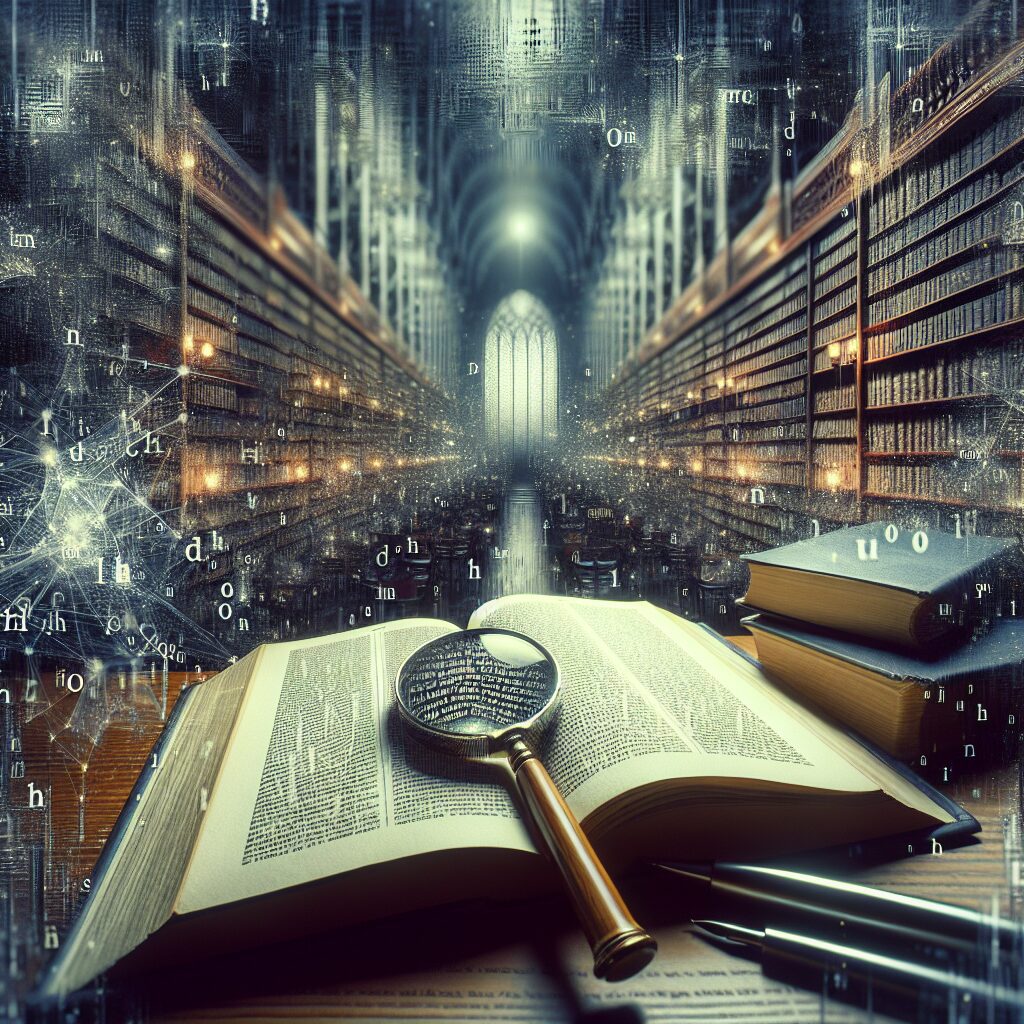 تصویری از کتاب‌هایی باز که با کلمات ناپیدا و نامفهوم اشغال شده‌اند، به همراه یک ذره‌بین