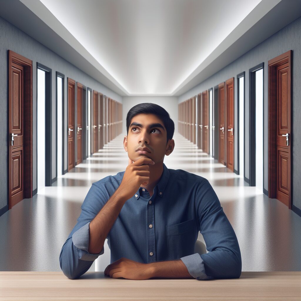 تصویری از یک مرد جوان که دست به چانه بر روی میز نشسته و در حال فکر کردن است، در حالی که در پس‌زمینه او یک راهرو با چندین در وجود دارد.