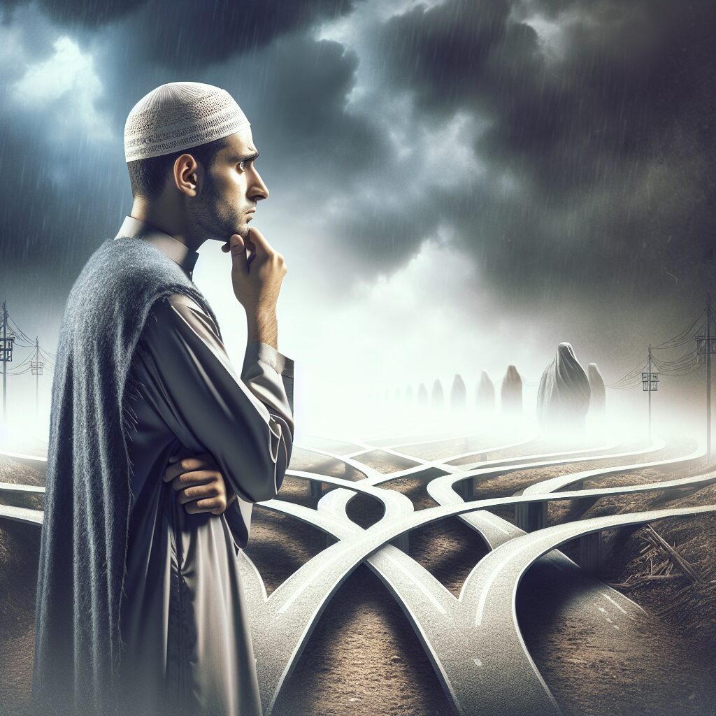 تصویری از فردی که در حال اندیشیدن و بررسی چندین مسیر روبرویش است.