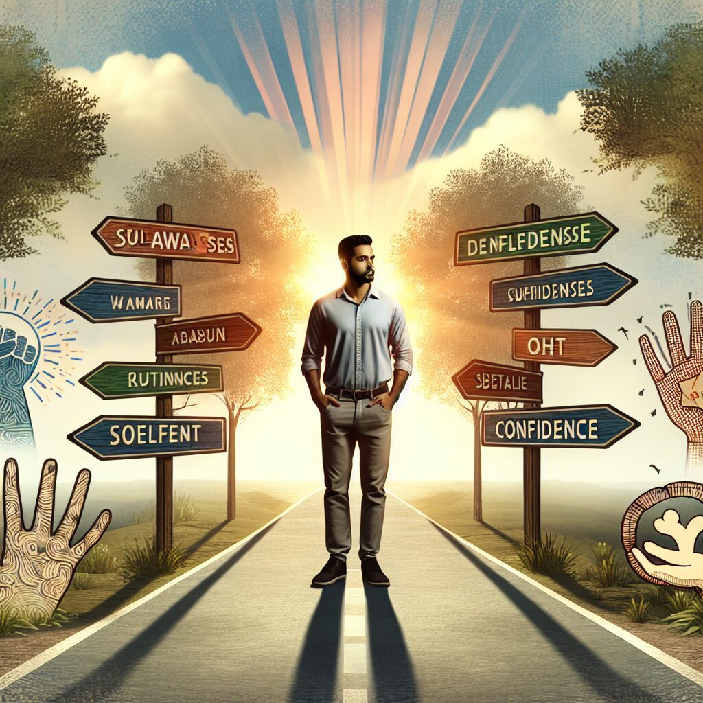 تصویری از شخصی که در چهارراه بین گزینه‌های مختلف با نشانه‌های افزایش خودآگاهی و اعتماد به نفس ایستاده است.