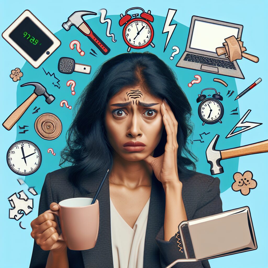 تصویری از فردی نگران که به مجموعه‌ای از نمادهای کاری چون چکش، رایانه و ساعت نگاه می‌کند، در حالی که علائم استرس و نگرانی مانند لیوان قهوه ریخته شده و چهره‌ای مضطرب دارد.