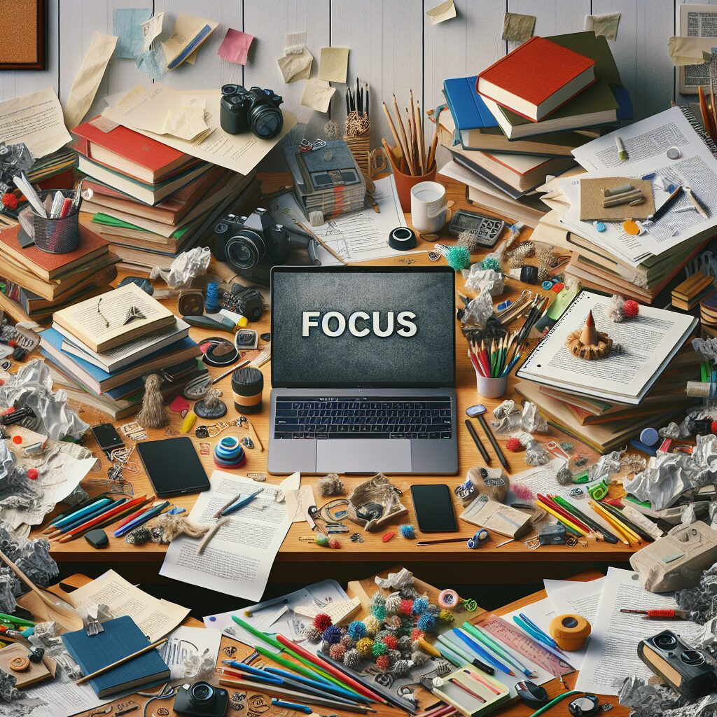 یک میز مطالعه با وسایل پراکنده که نشان دهنده عدم تمرکز است