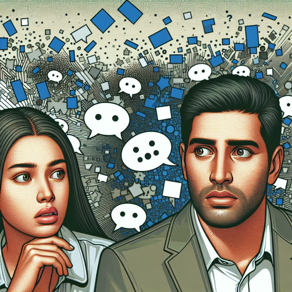 یک زوج در حال گفتگو، نگران و گیج به نظر می‌رسند در حالی که اطراف آن‌ها پر از عناصر انتزاعیِ پراکنده است که نشان‌دهنده عدم تمرکز است.