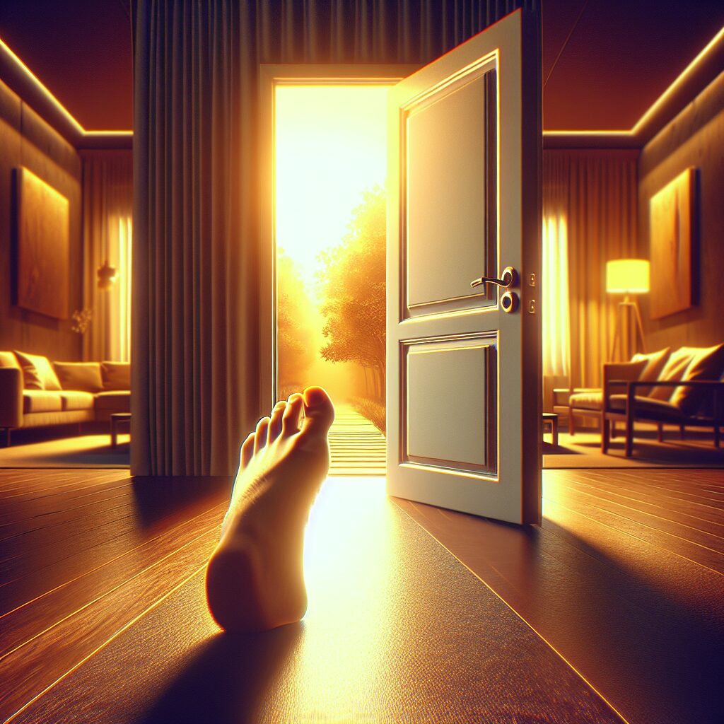 تصویری از یک در با پای انسانی که آن را باز نگه داشته است، در حالی که یک مسیر گسترده به سمت داخل خانه دیده می‌شود.