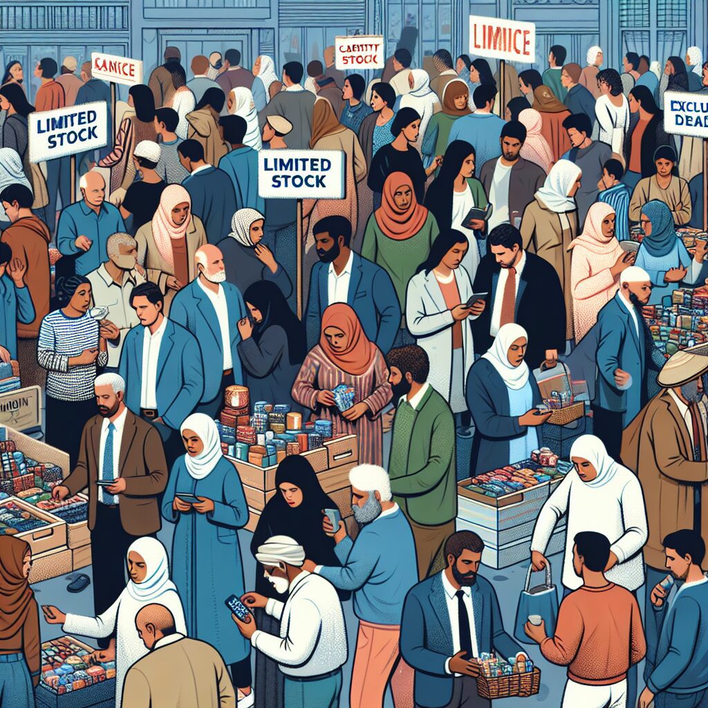 افرادی که جلوی یک مغازه مشغول خرید با اضطرار هستند.