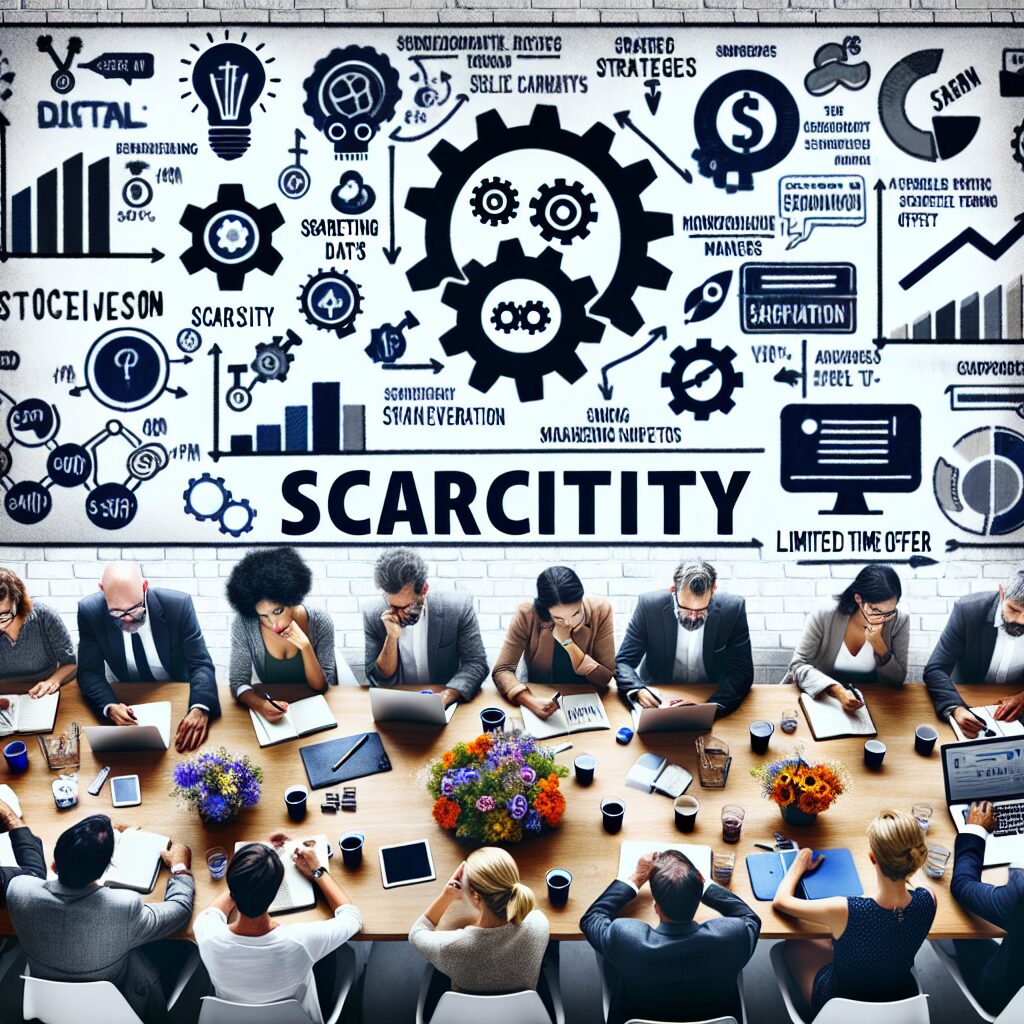 تصویری از یک تیم بازاریابی که بر روی استراتژی های کمبود مصنوعی کار می کند.