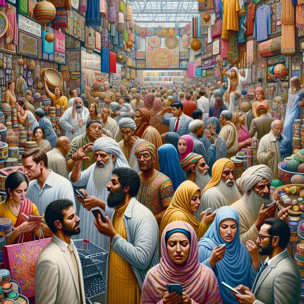 تصویری از افراد در یک مرکز خرید بزرگ با کالاهای غیرضروری زیاد