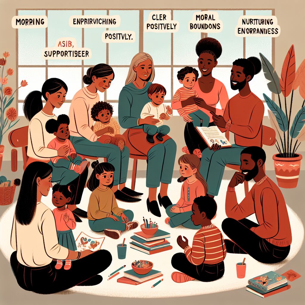 تصویر والدین و مربیان که در حال گفت‌وگو، تعیین مرزها و آموزش رفتارهای اخلاقی به کودکان هستند