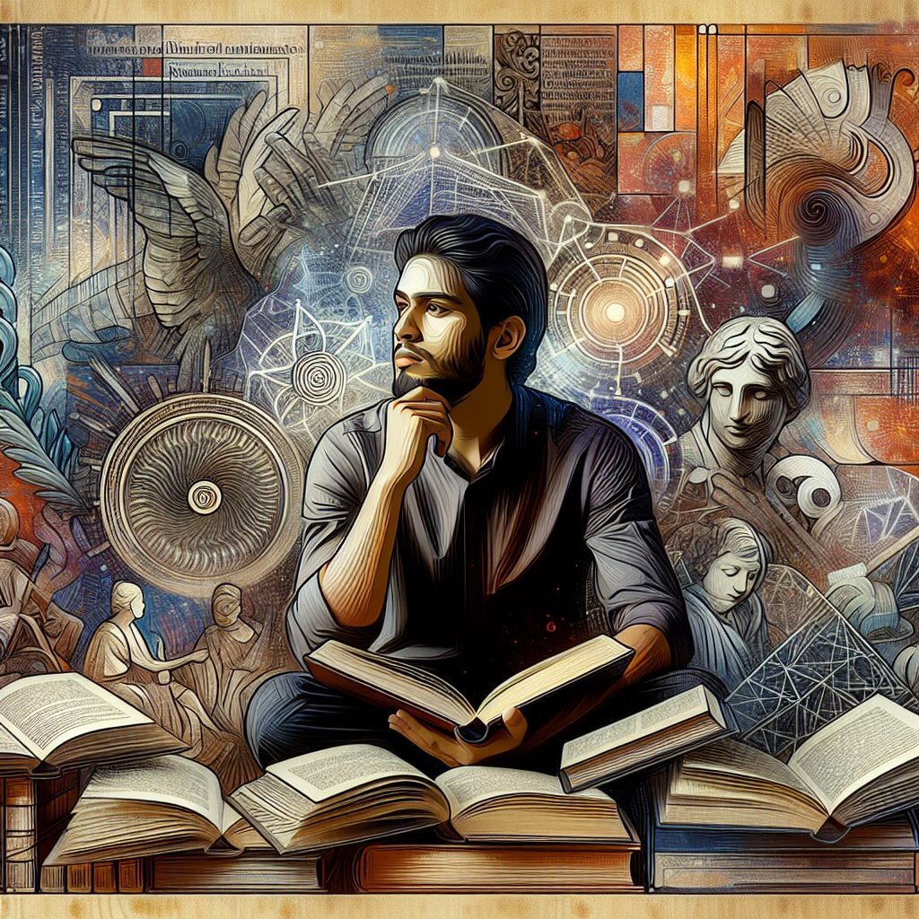 تصویری از فردی که در حال تفکر و خواندن کتاب‌هایی در مورد فلسفه و منطق است