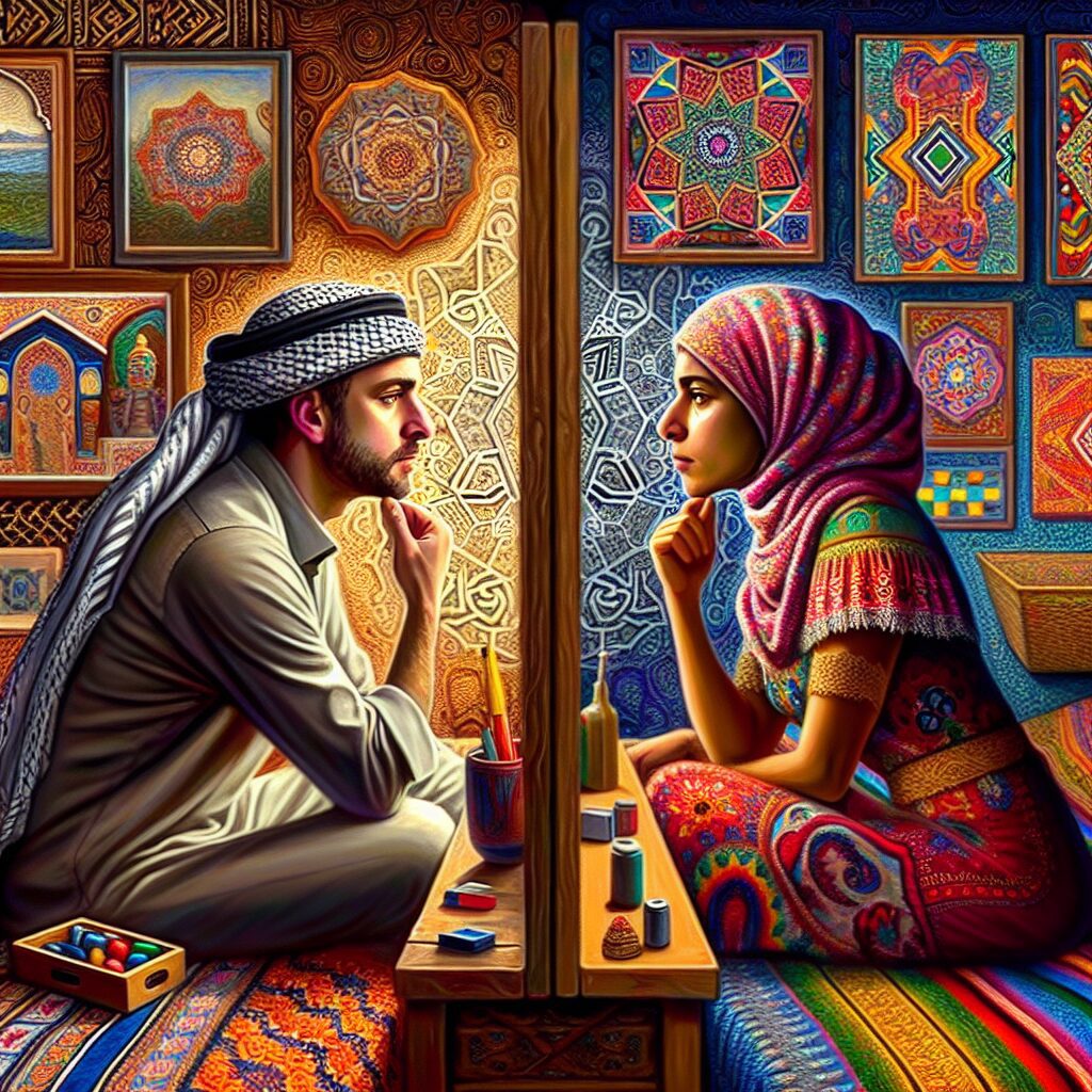 تصویری از یک مرد و زن که به آینه نگاه می‌کنند و در حال تفکر هستند، هر کدام به طور جداگانه در اطاق‌های متفاوت با عناصر فرهنگی مختلف.