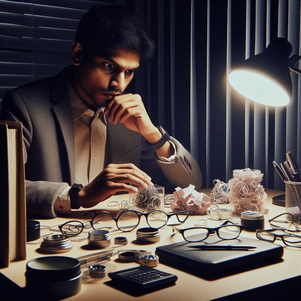 یک تصویر از مردی که مضطرب به نظر می‌رسد و در حال مرتب‌سازی اشیا روی یک میز است.